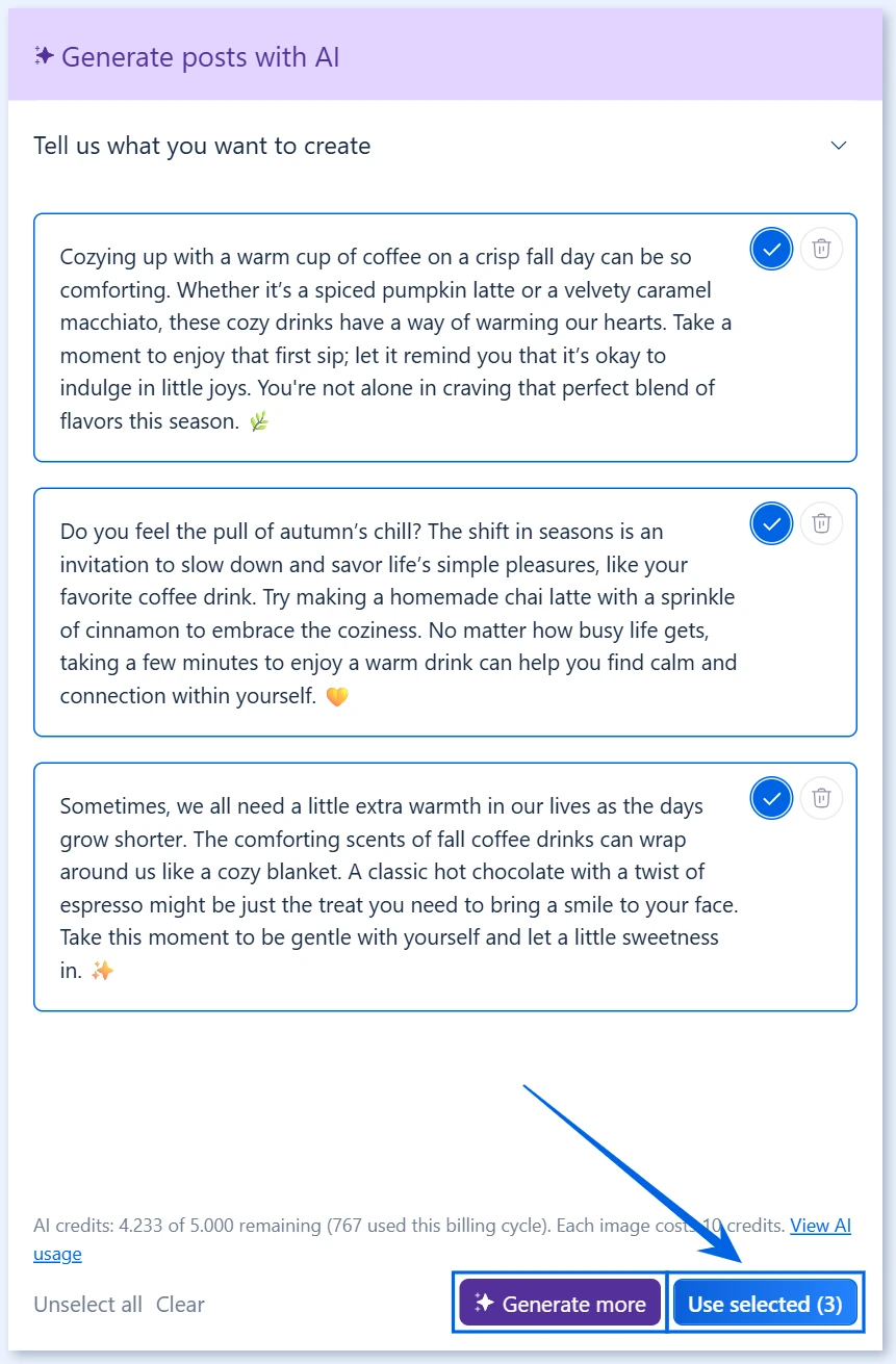 AI-generated drafts with the Generate more and Use selected buttons
