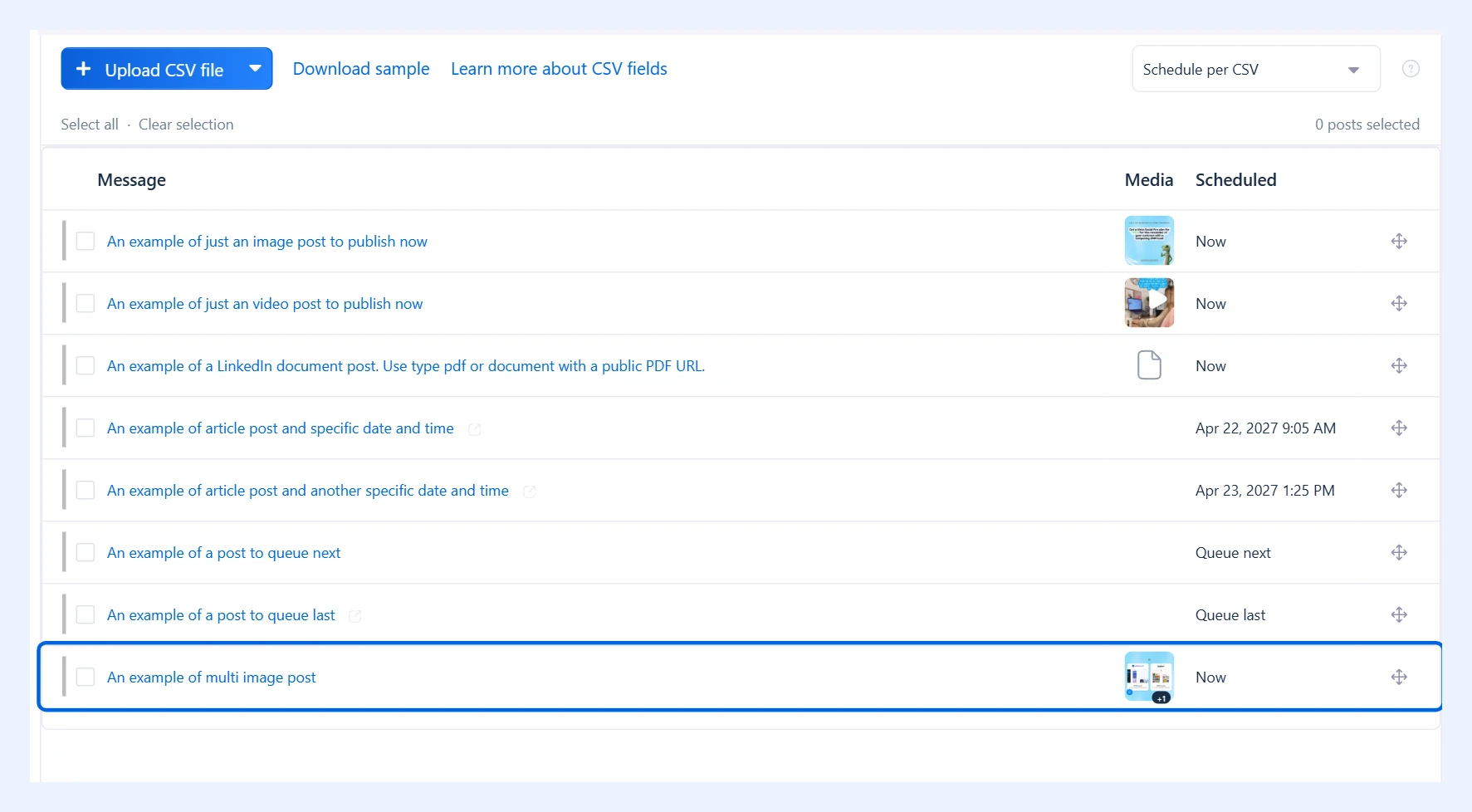 Publicaciones importadas en la ventana Import a CSV file con una publicación de varias imágenes resaltada