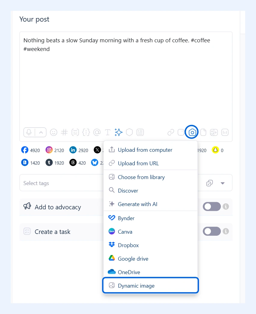 Menú de imagen en el editor de publicaciones con la opción Dynamic image resaltada