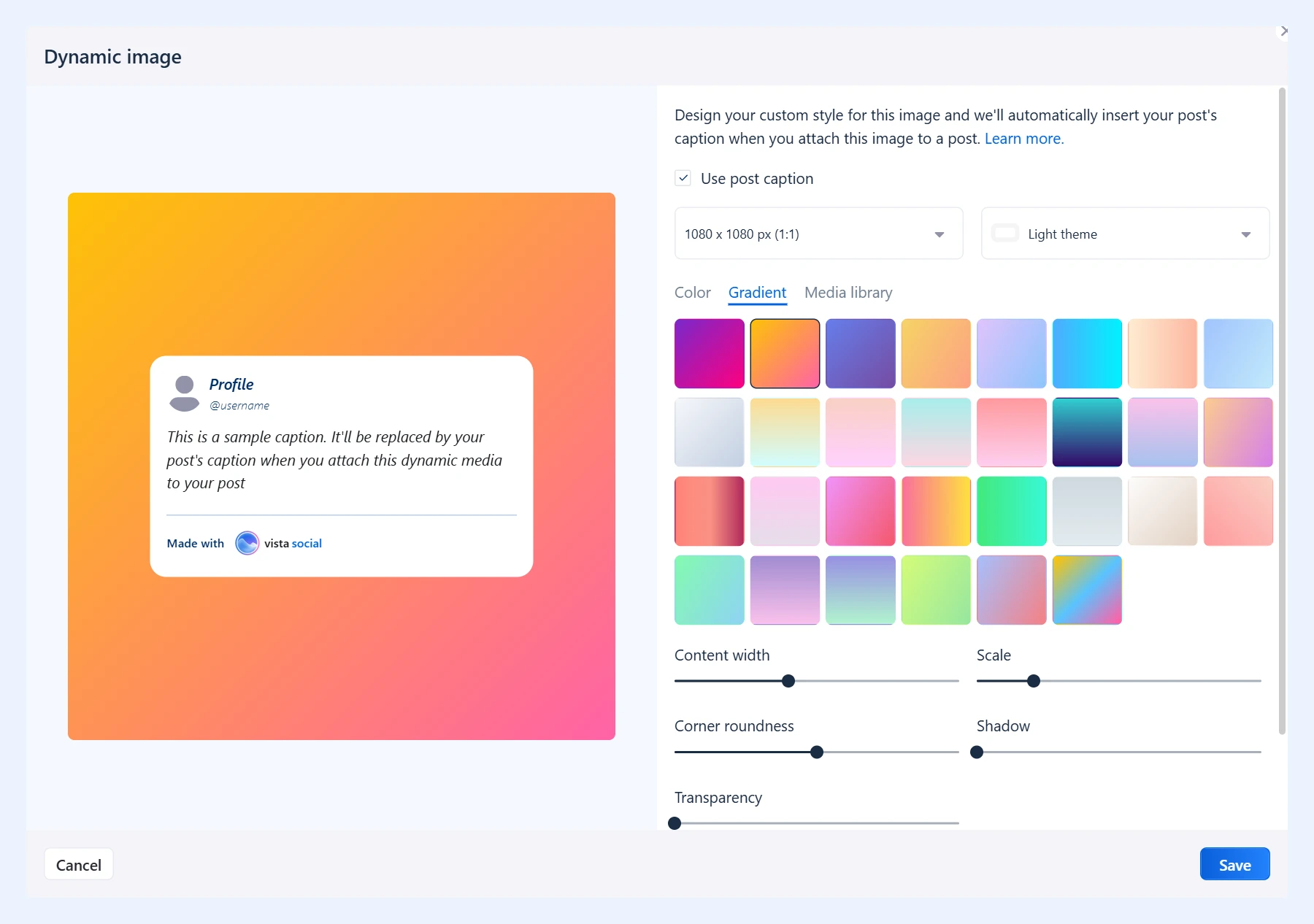 Editor de imagen dinámica con las opciones de texto, tamaño, tema, fondo y cuadro de contenido