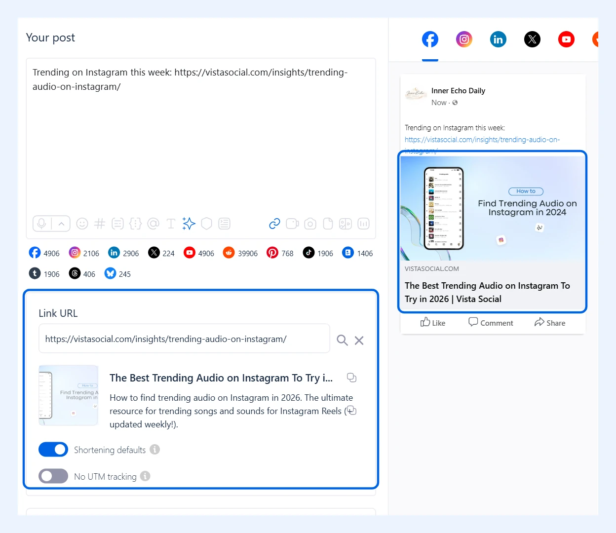 Post composer with the Link URL preview and the Facebook post preview highlighted