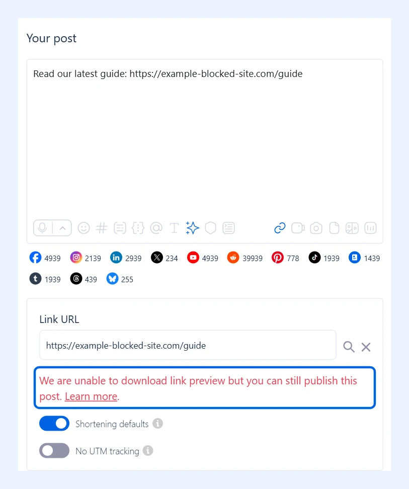 Mensaje en Link URL que indica que no se pudo descargar la vista previa del enlace