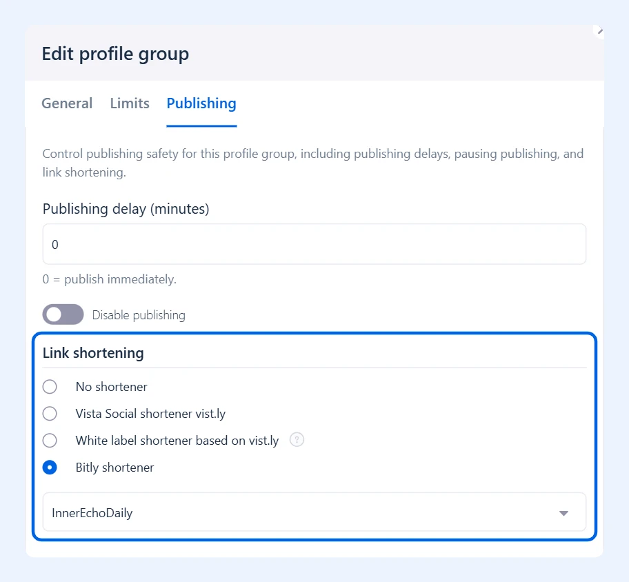 Pestaña Publishing de la ventana Edit profile group con las opciones de Link shortening resaltadas