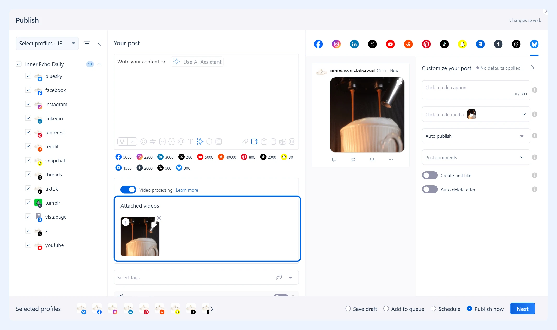 Post composer with the selected video under Attached videos