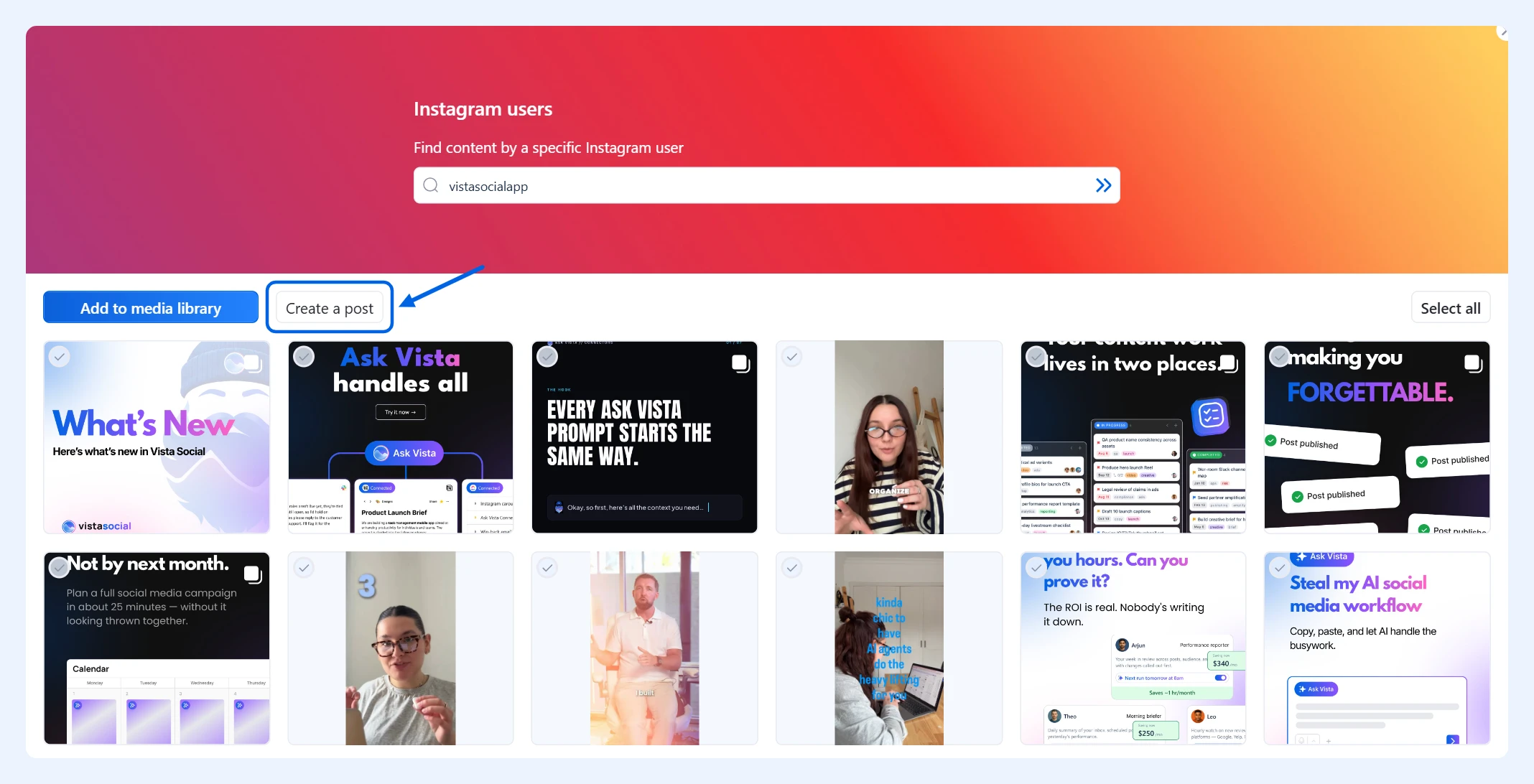 Instagram users search results with the Create a post button highlighted