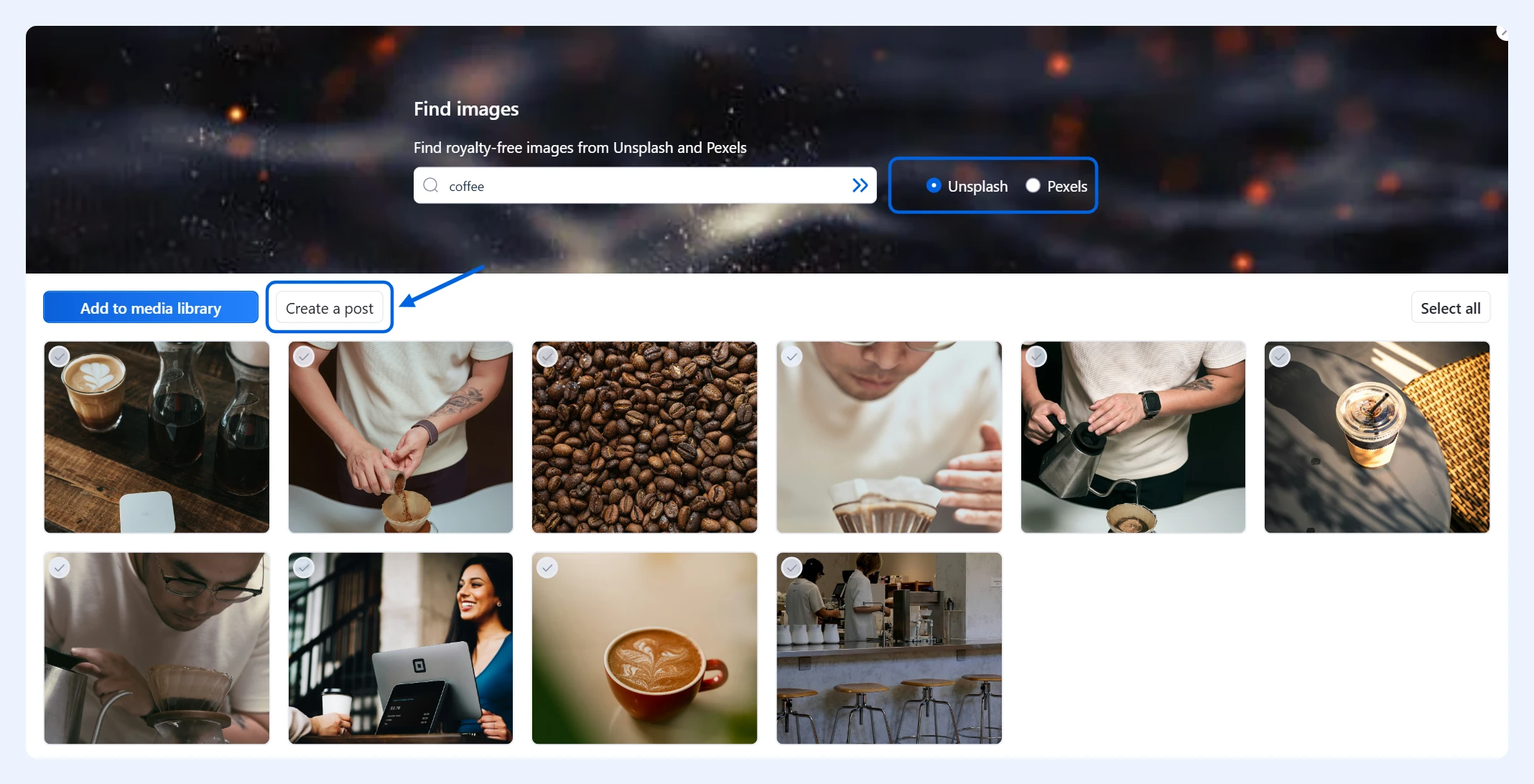 Resultados de la búsqueda de imágenes con las opciones Unsplash y Pexels y el botón Create a post resaltados