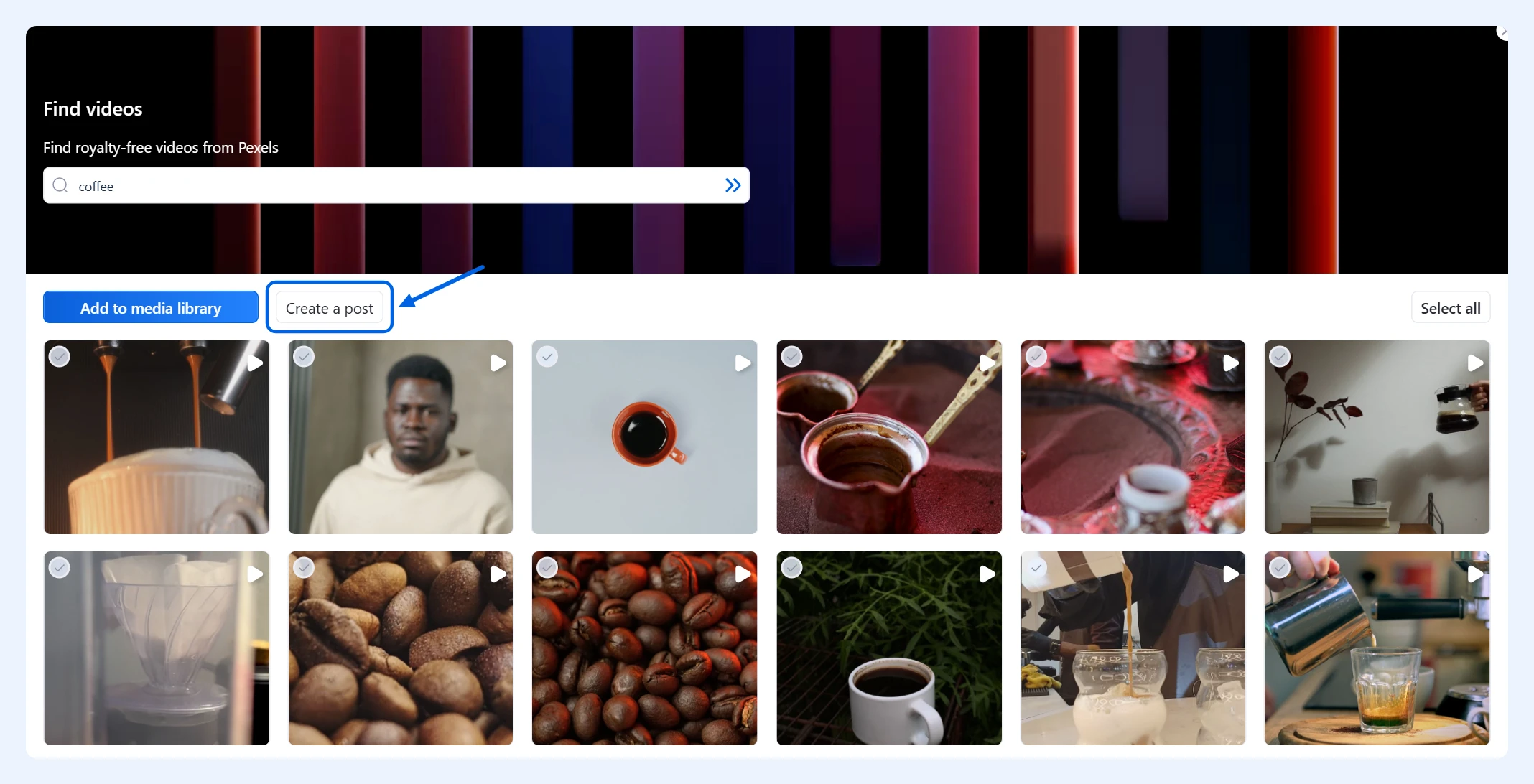 Resultados de la búsqueda de videos con el botón Create a post resaltado