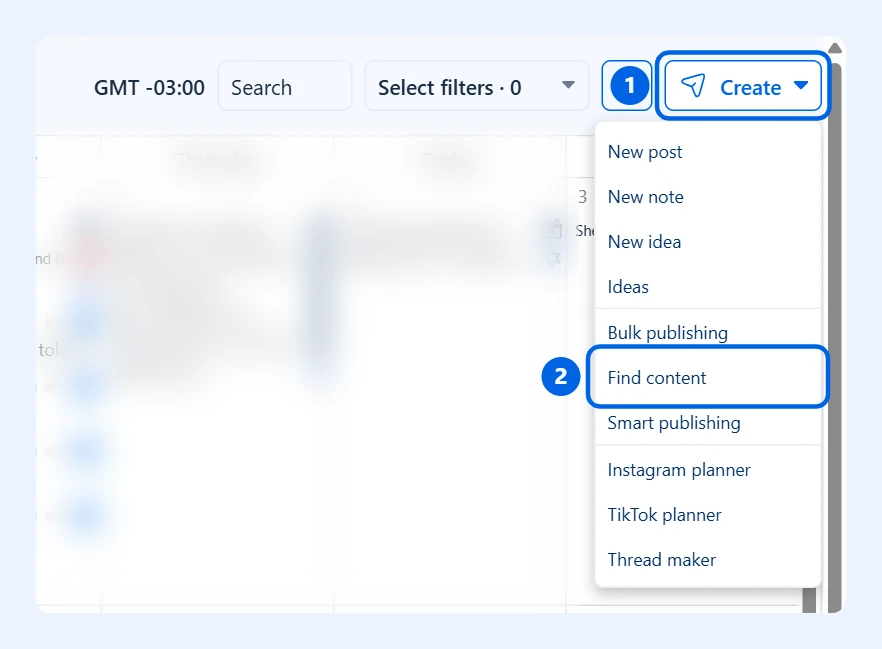 Botón Create del calendario y menú con la opción Find content resaltada