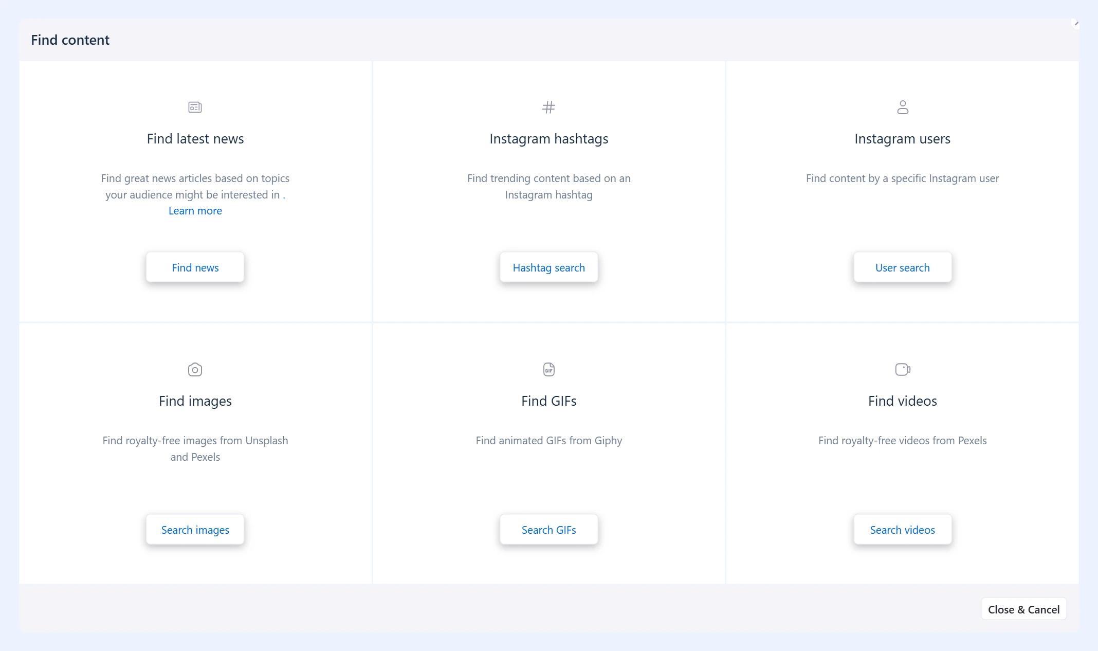 Окно Find content с шестью источниками: новости, хэштеги Instagram, пользователи Instagram, изображения, GIF и видео
