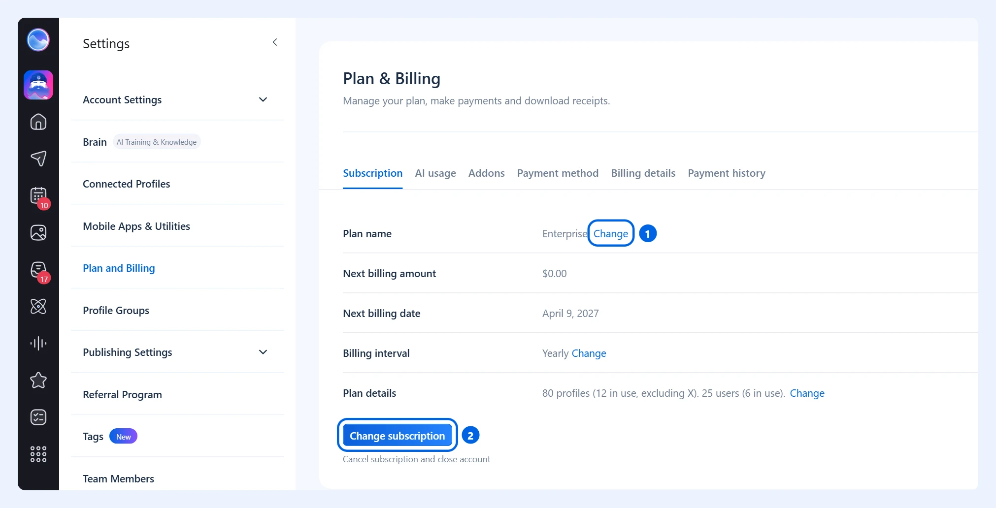 Subscription tab with the Plan name Change link and the Change subscription button highlighted