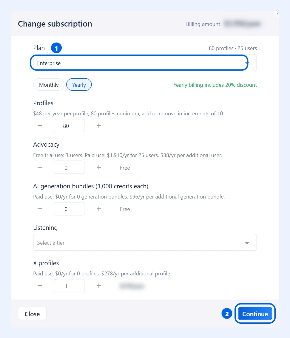 Change subscription window with the Plan dropdown and the Continue button highlighted