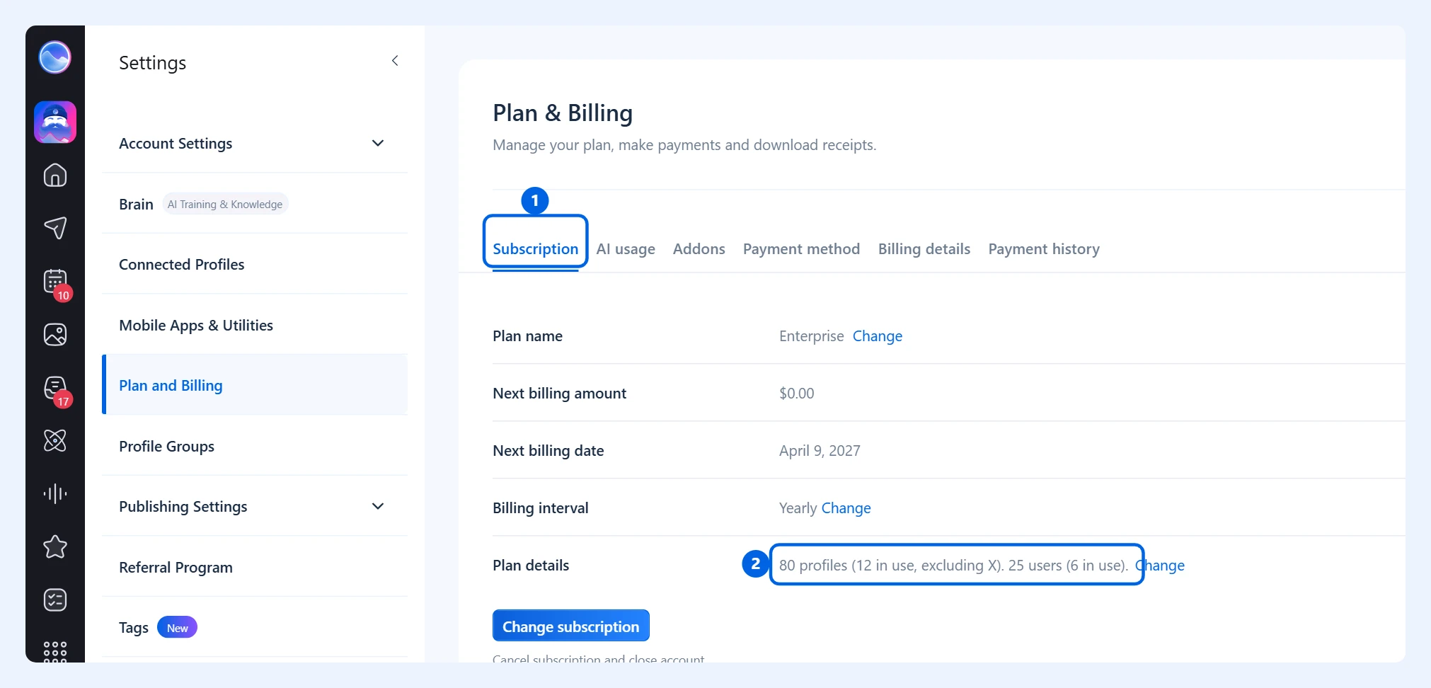 Pestaña Subscription de Plan and Billing con el número de usuarios de Plan details resaltado