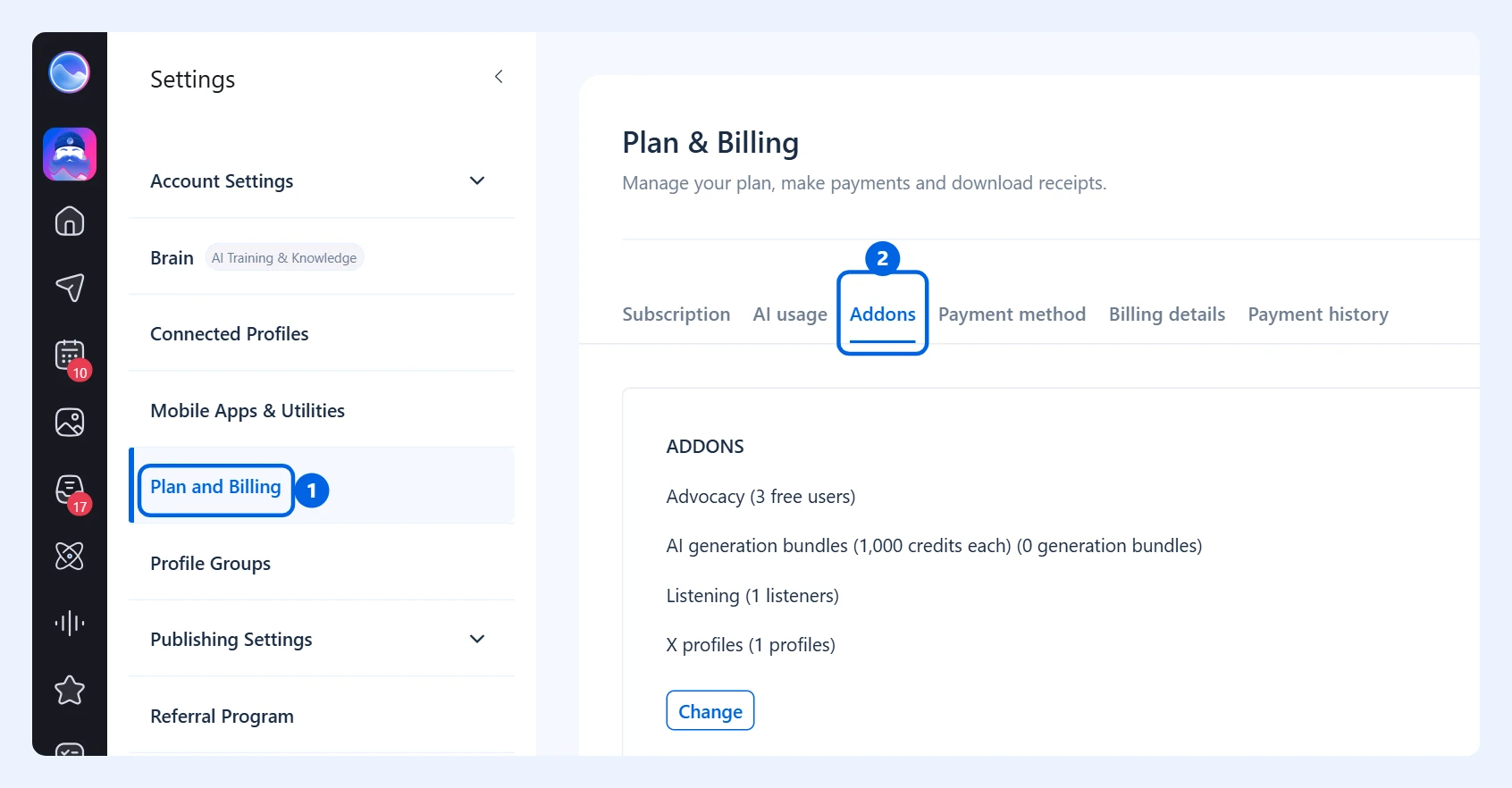 Plan and Billing en el menú de Settings y la pestaña Addons resaltados
