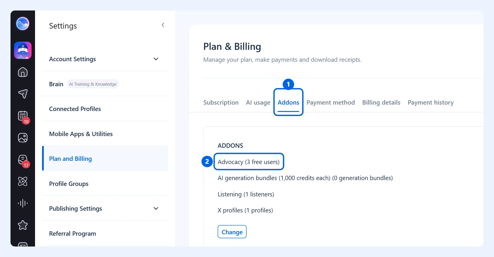 Вкладка Addons в разделе Plan and Billing с выделенным дополнением Advocacy