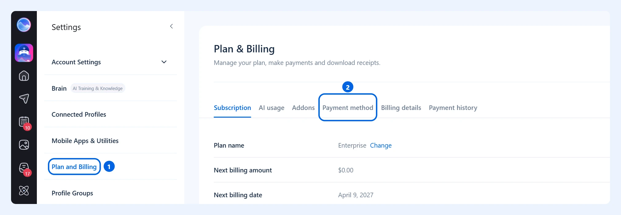 Пункт Plan and Billing в меню Settings и выделенная вкладка Payment method