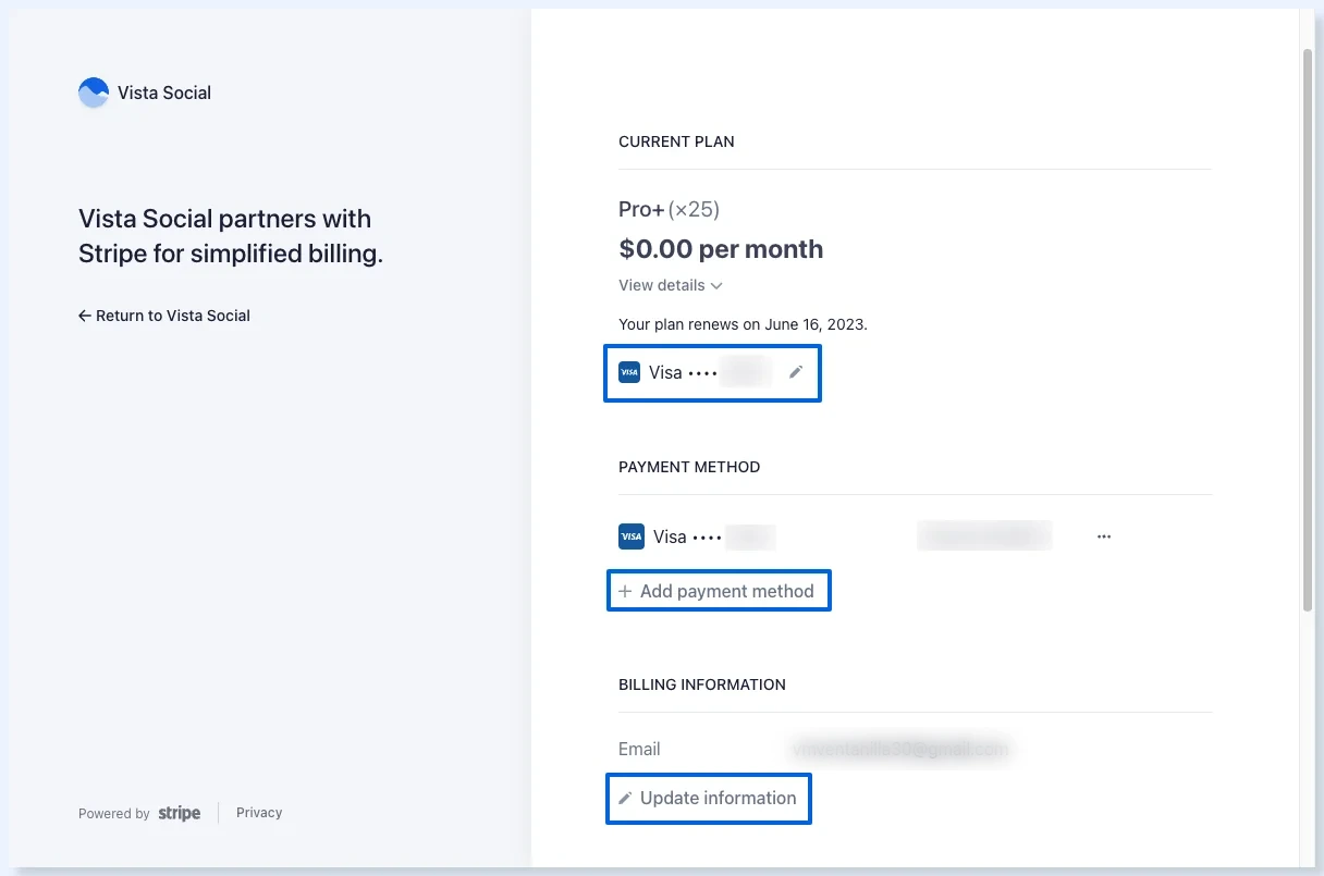 Página de facturación de Vista Social con tecnología de Stripe con la tarjeta y las opciones Add payment method y Update information resaltadas