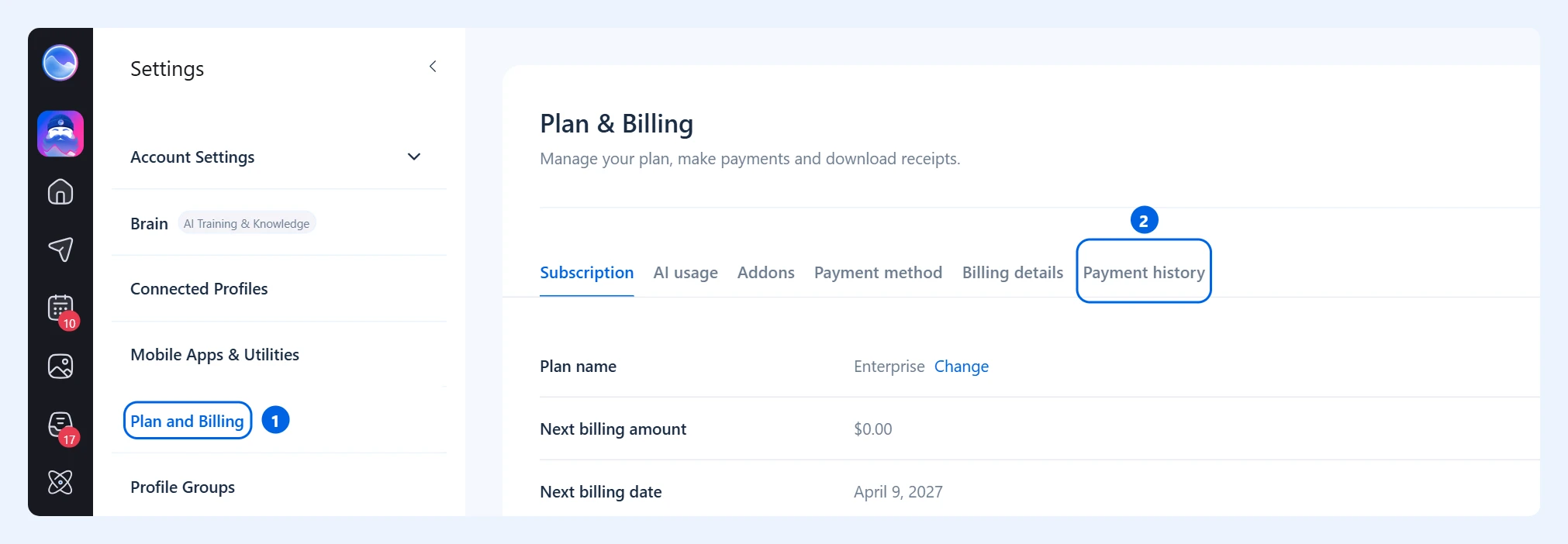 Plan and Billing en el menú Settings y la pestaña Payment history resaltados