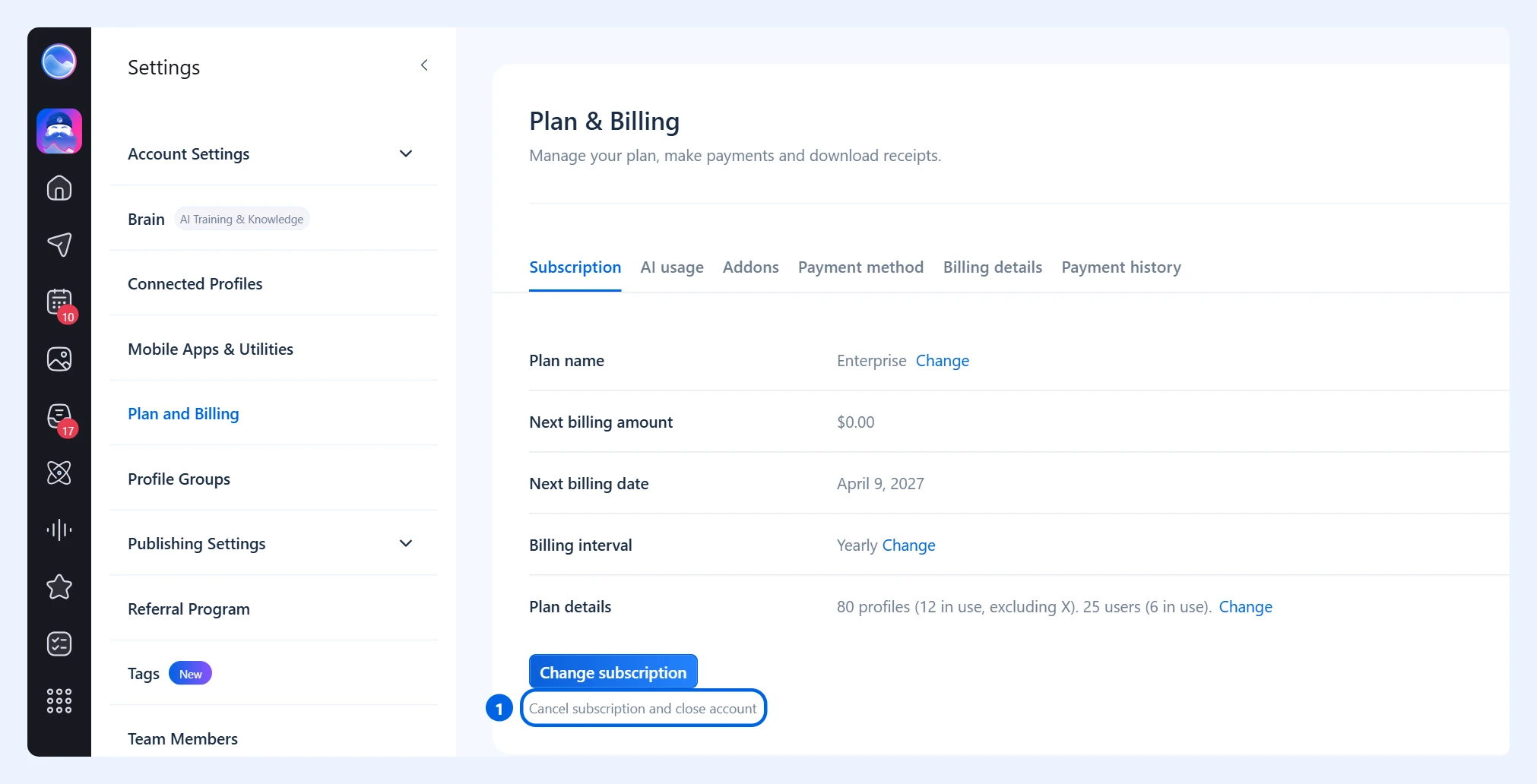 Aba Subscription com o link Cancel subscription and close account destacado