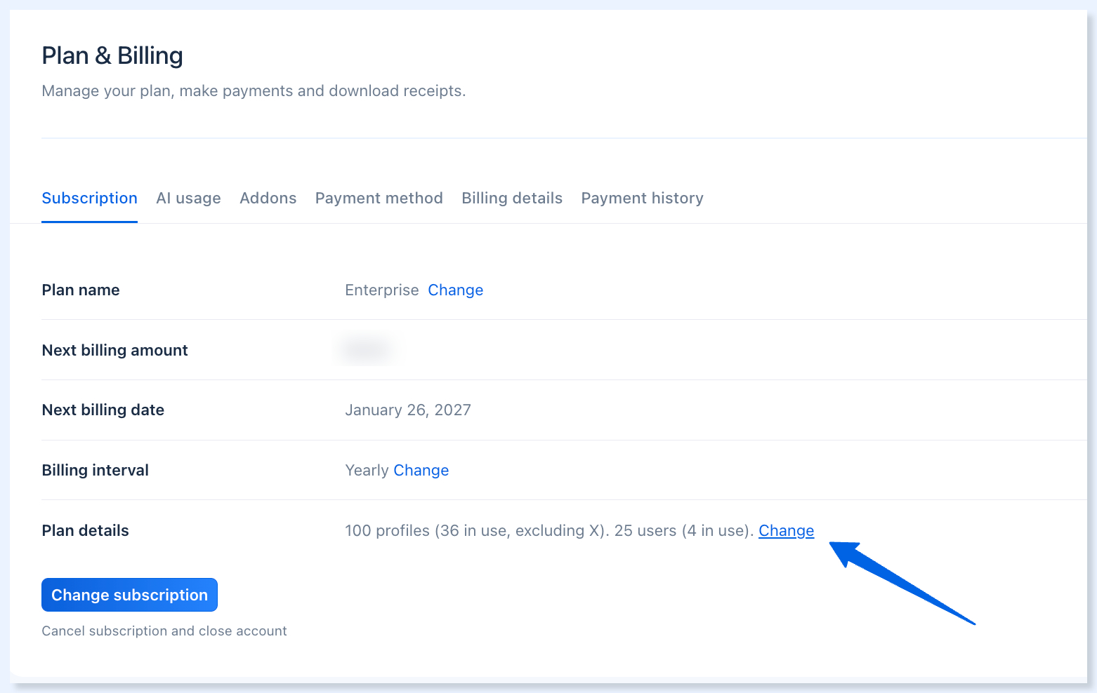 Вкладка Subscription с выделенной ссылкой Change рядом с Plan details