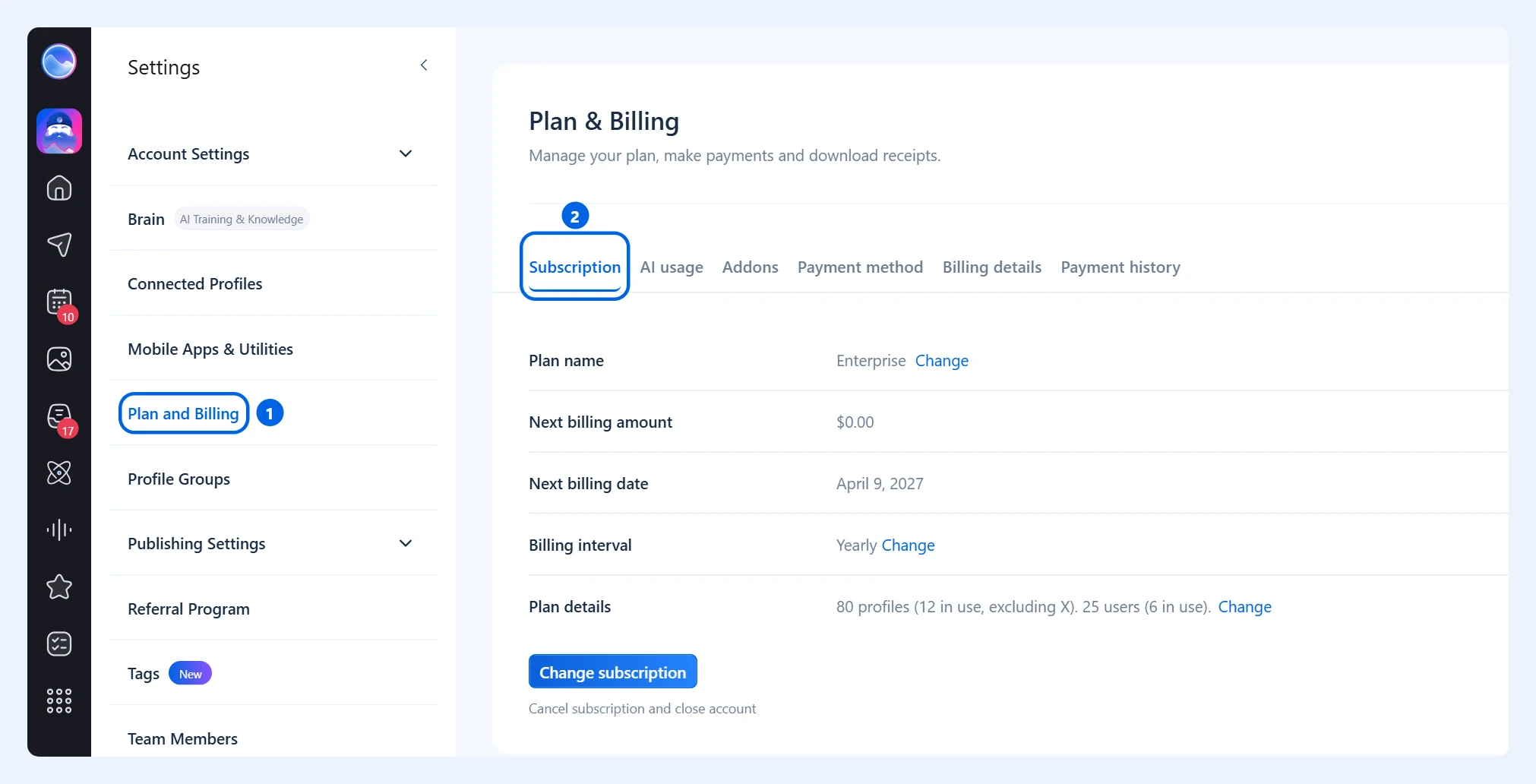 Пункт Plan and Billing в меню Settings и выделенная вкладка Subscription