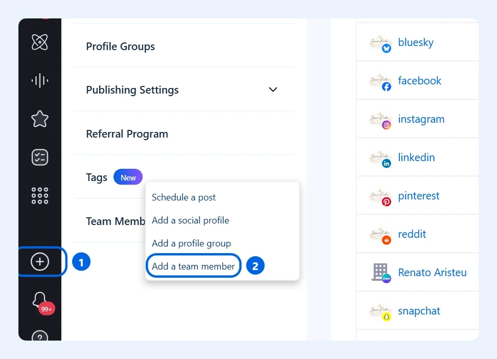 Quick add menu with Add a team member highlighted