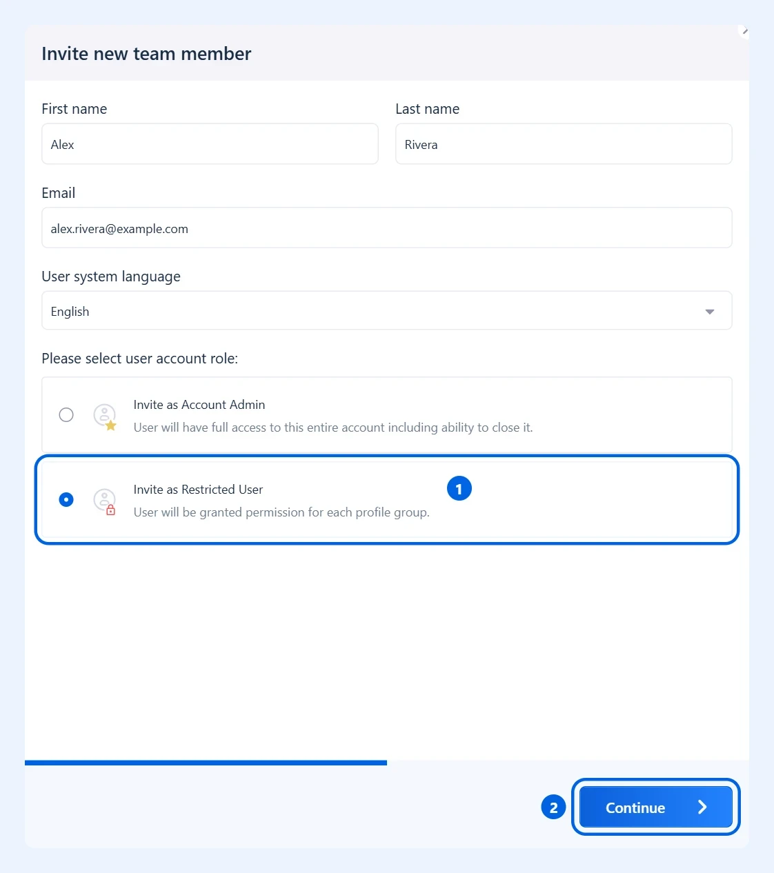 Форма приглашения нового участника команды с выделенными пунктом Invite as Restricted User и кнопкой Continue