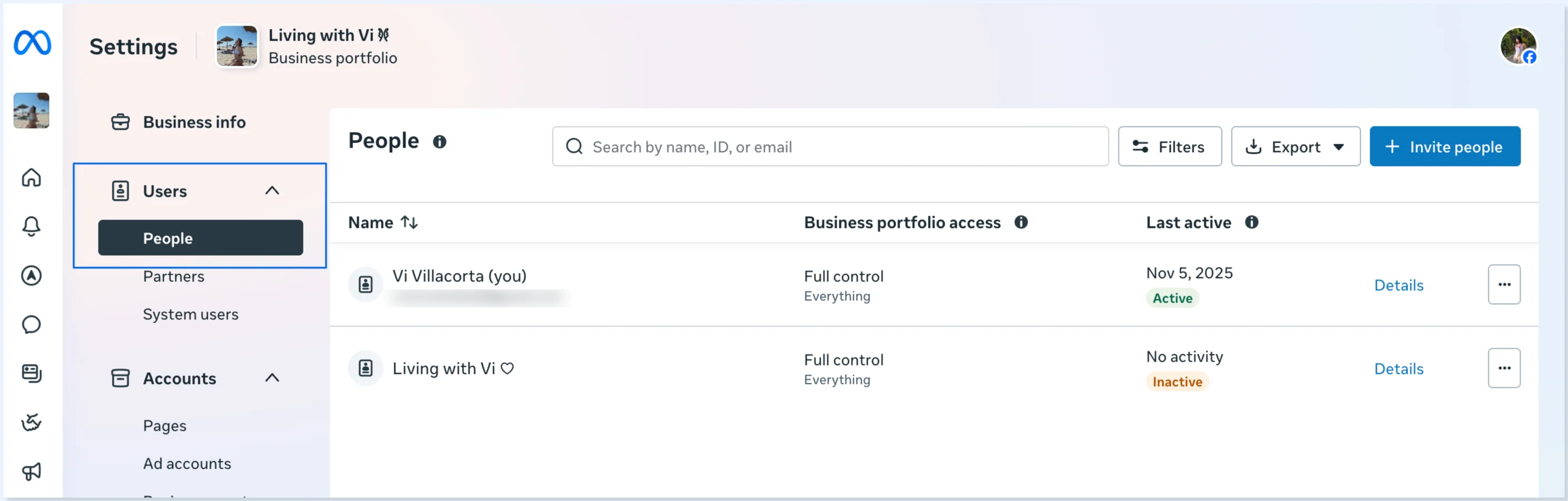 Configurações do Meta Business Suite com Pessoas destacado