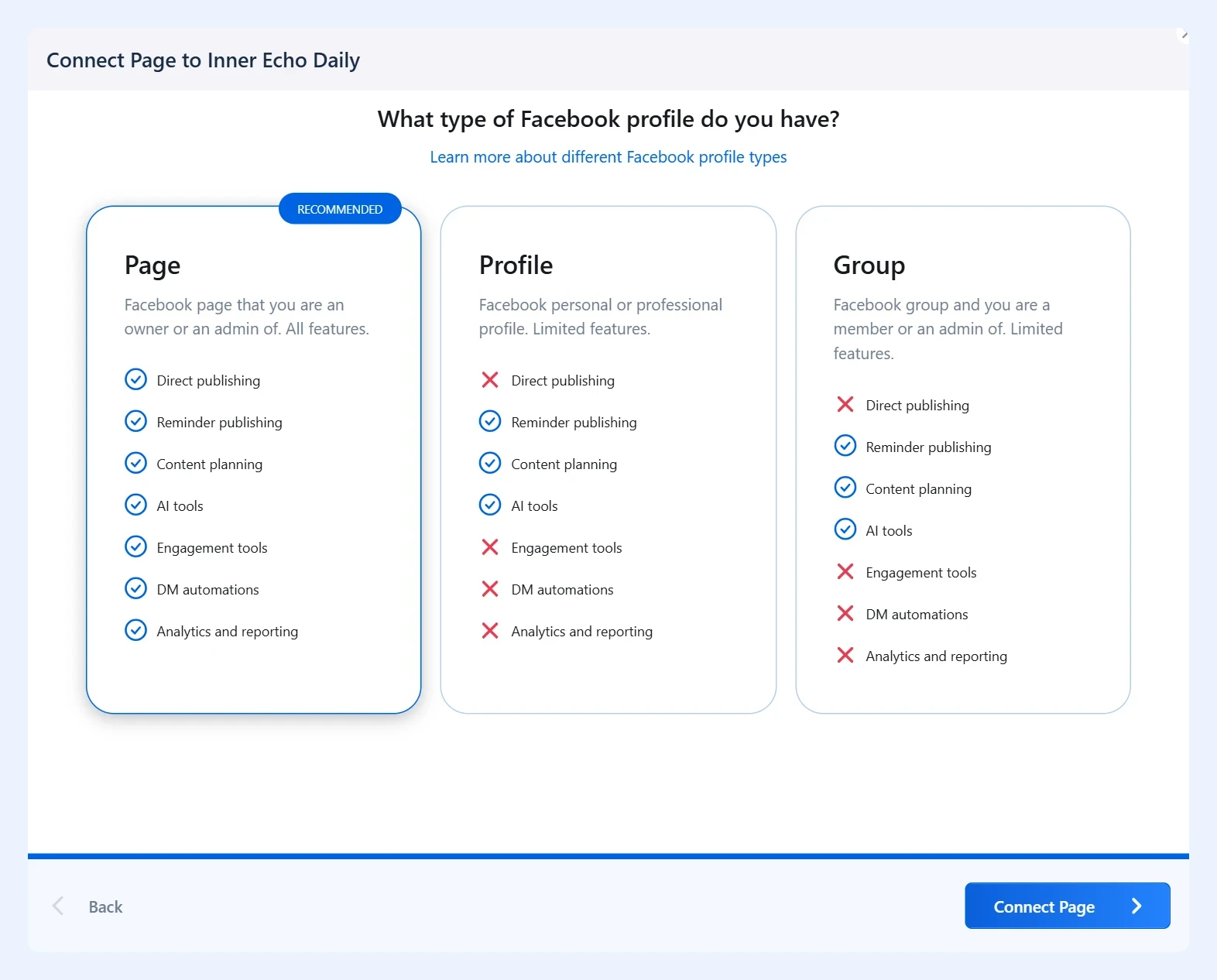 Opciones de tipo de perfil de Facebook en Vista Social: Page, Profile y Group