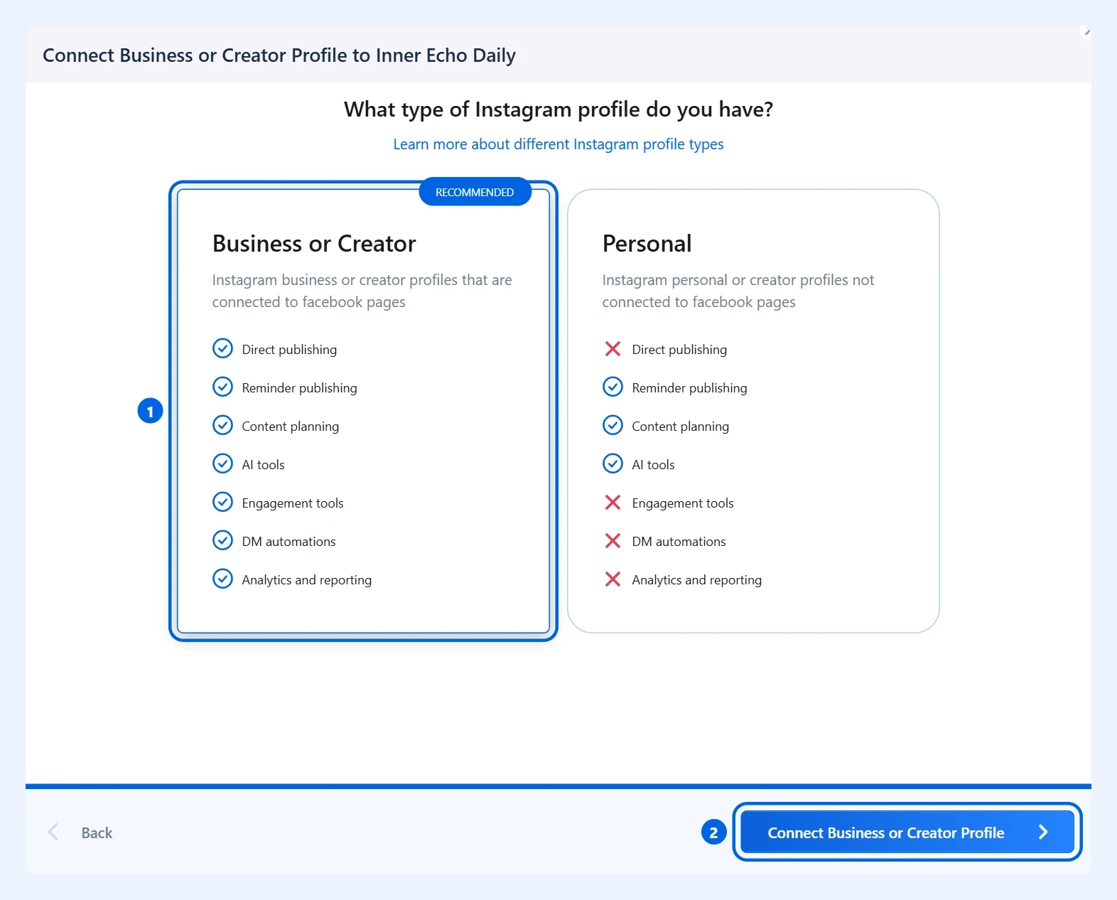 Варианты типов профилей Instagram с выделенными пунктом Business or Creator и кнопкой Connect Business or Creator Profile