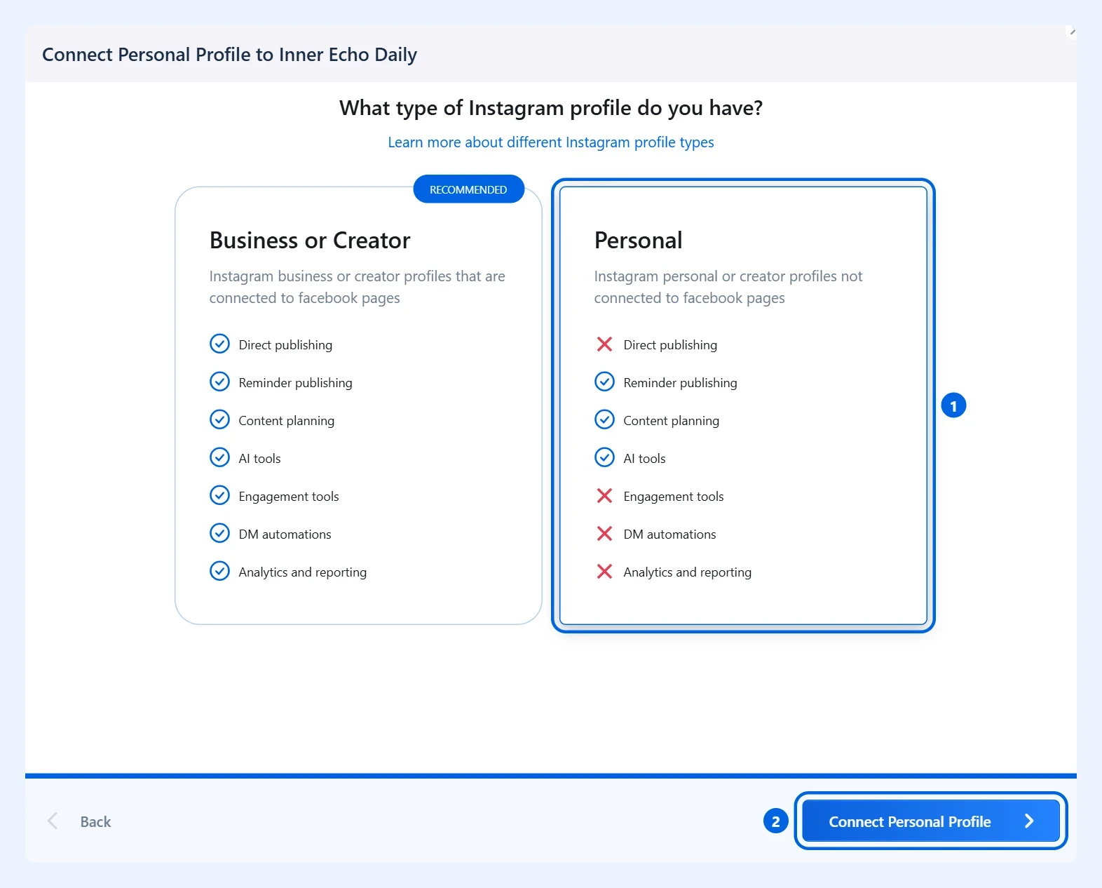 Варианты типов профилей Instagram с выделенными пунктом Personal и кнопкой Connect Personal Profile