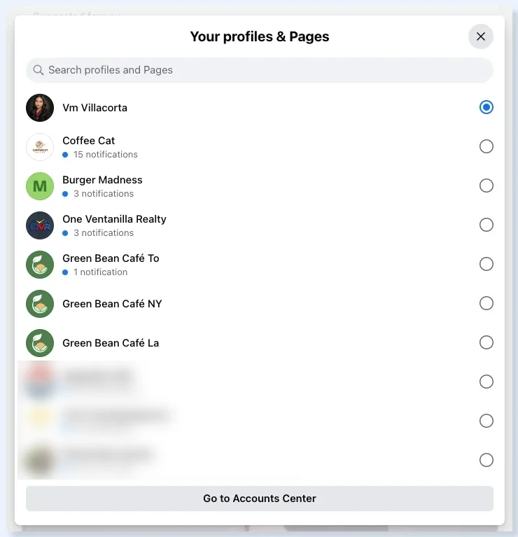 Lista dos seus perfis e páginas no Facebook