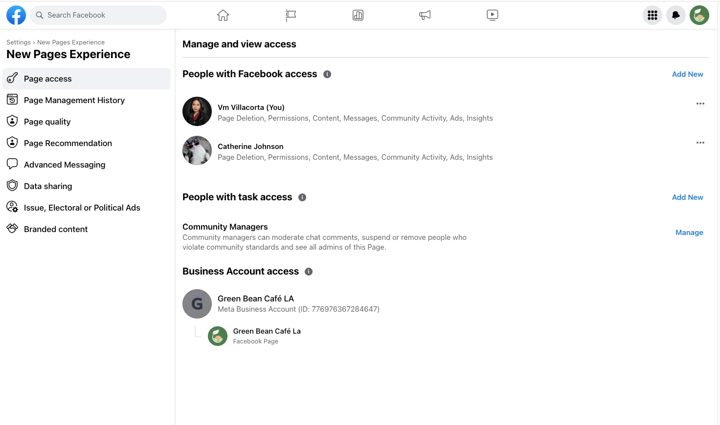 Configurações de acesso à página mostrando as pessoas com acesso pelo Facebook