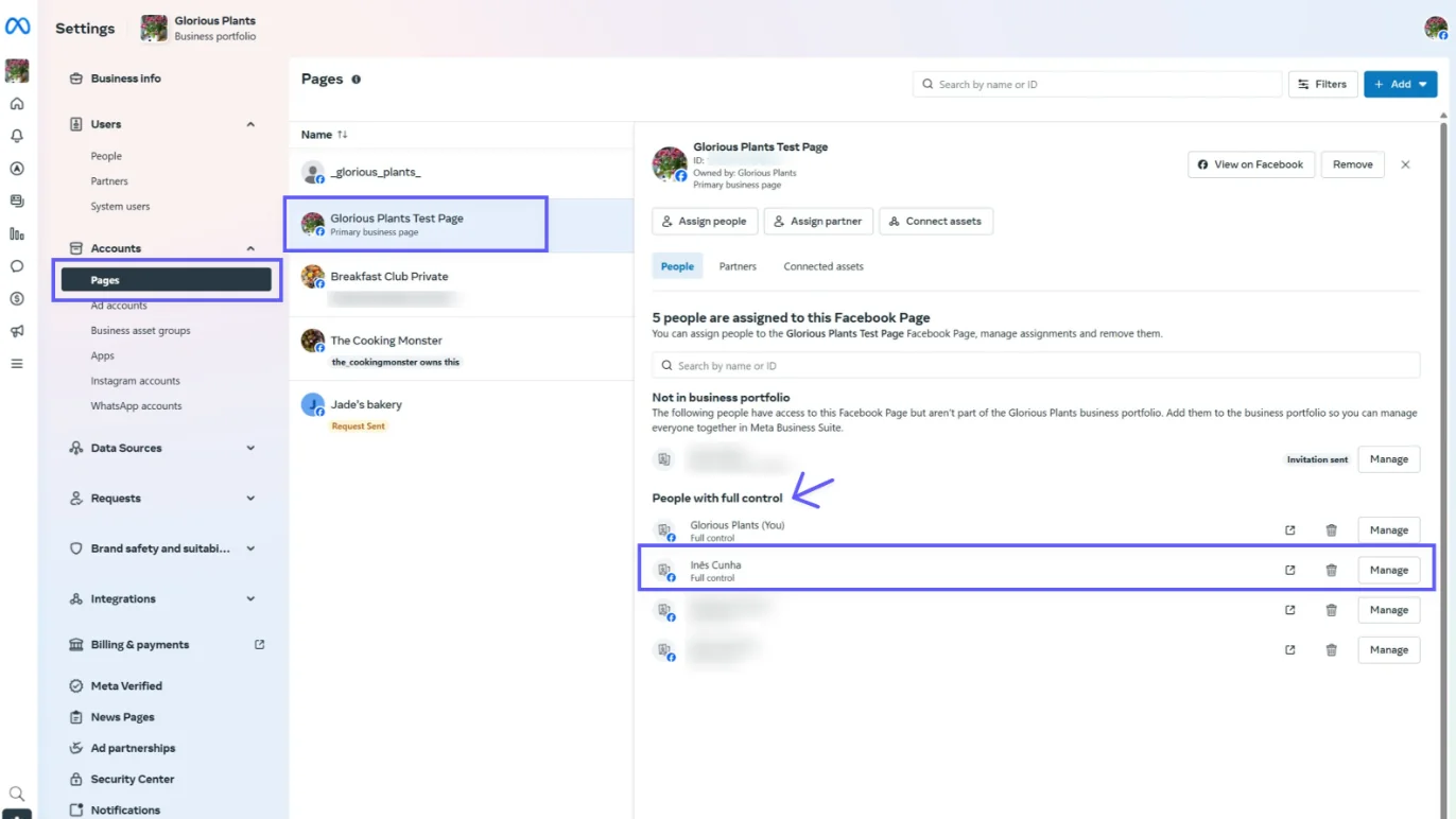 Configurações do Meta Business Suite com a página e as pessoas com controle total destacadas
