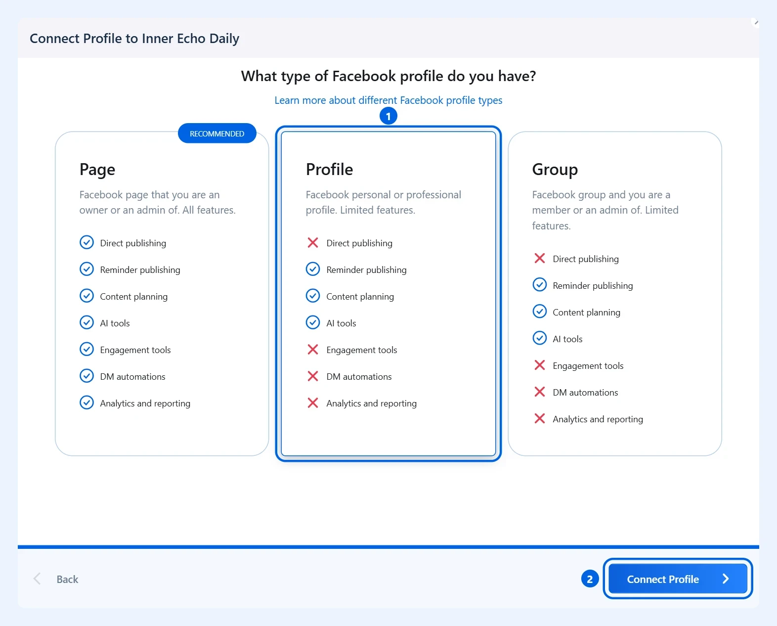 Opções de tipo de perfil do Facebook no Vista Social com Profile (Perfil) e o botão Connect Profile destacados
