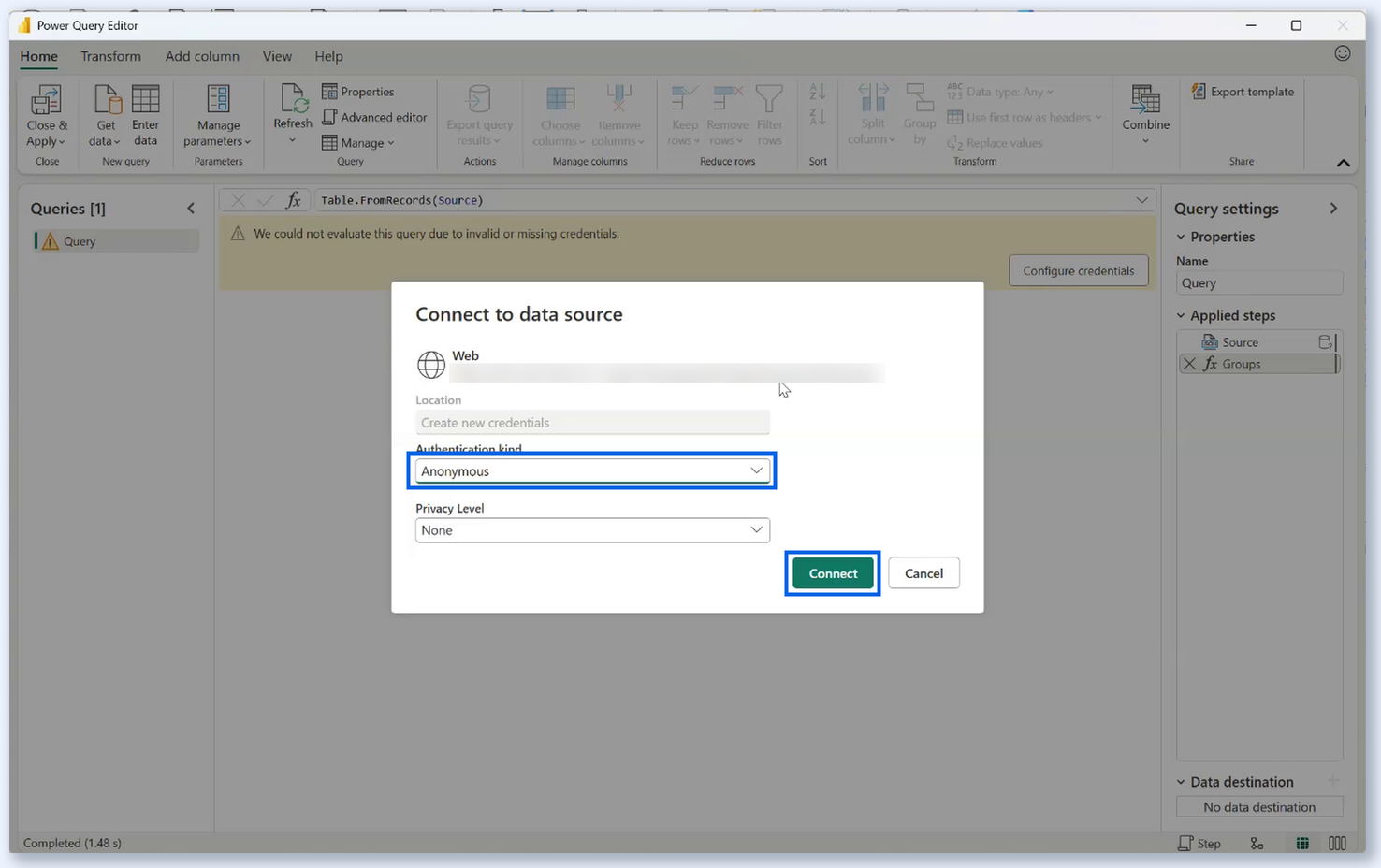 Connect to data source window with Authentication kind set to Anonymous