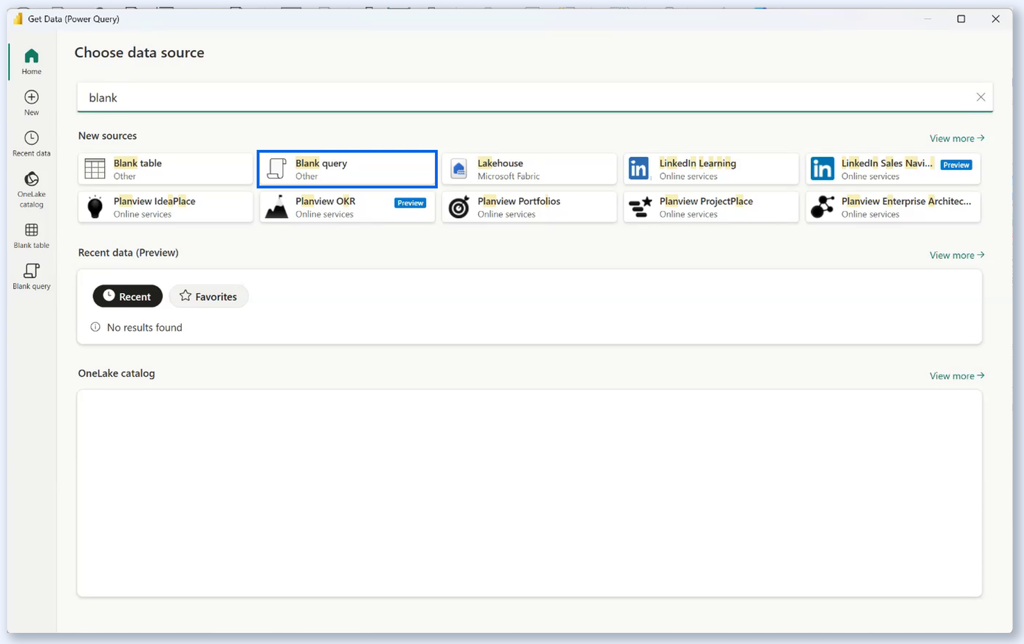 Choose data source window in Power BI with Blank query selected