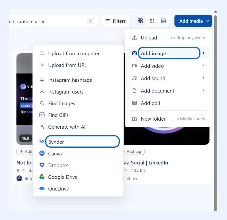 Add image menu with Bynder highlighted
