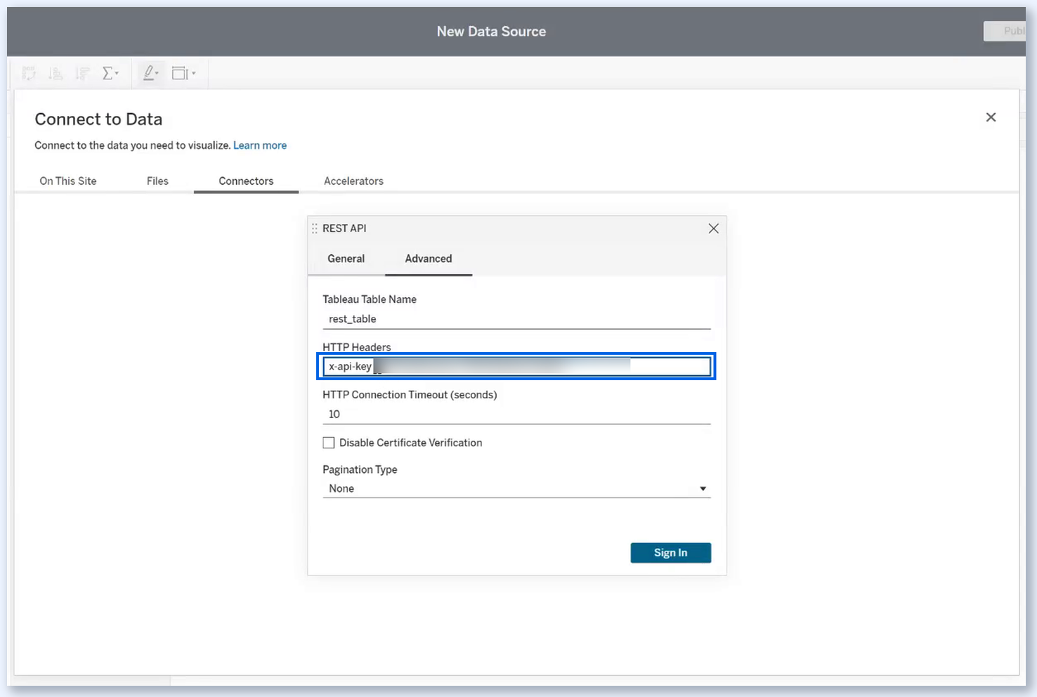 Tableau REST API connector, Advanced tab with the x-api-key header in HTTP Headers