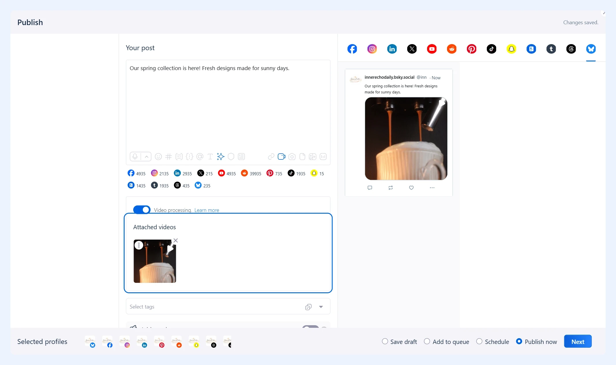Post composer with a LinkedIn post and an attached video
