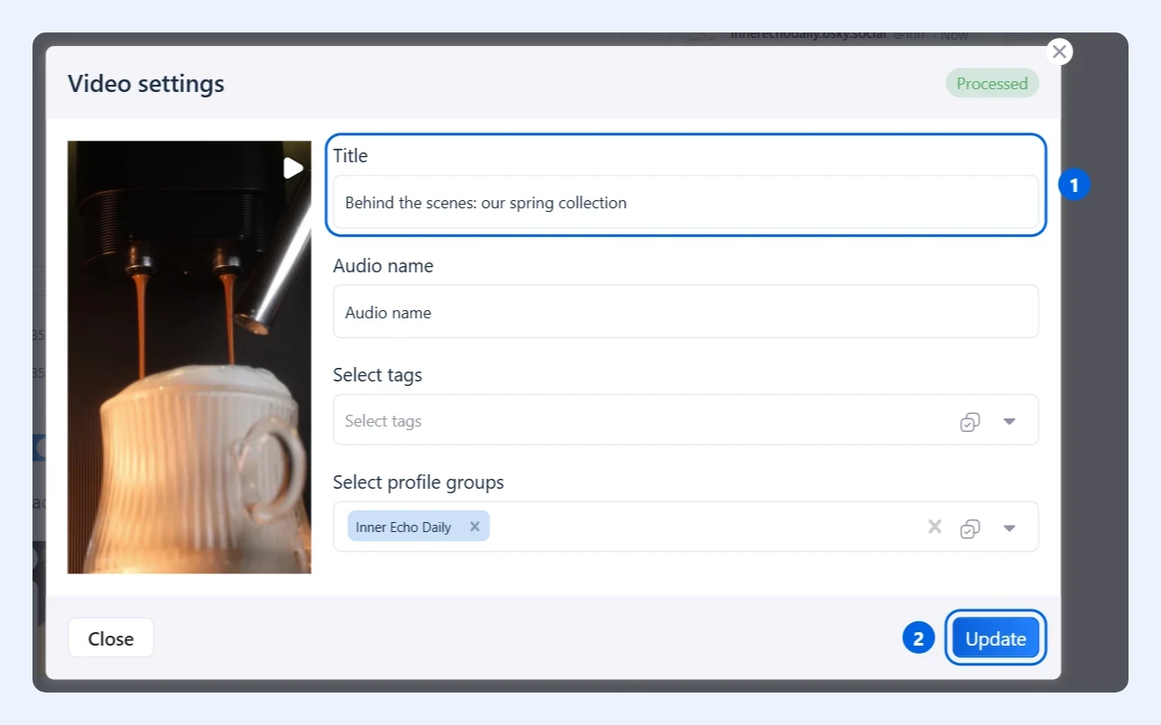 Video settings in the composer with the title field