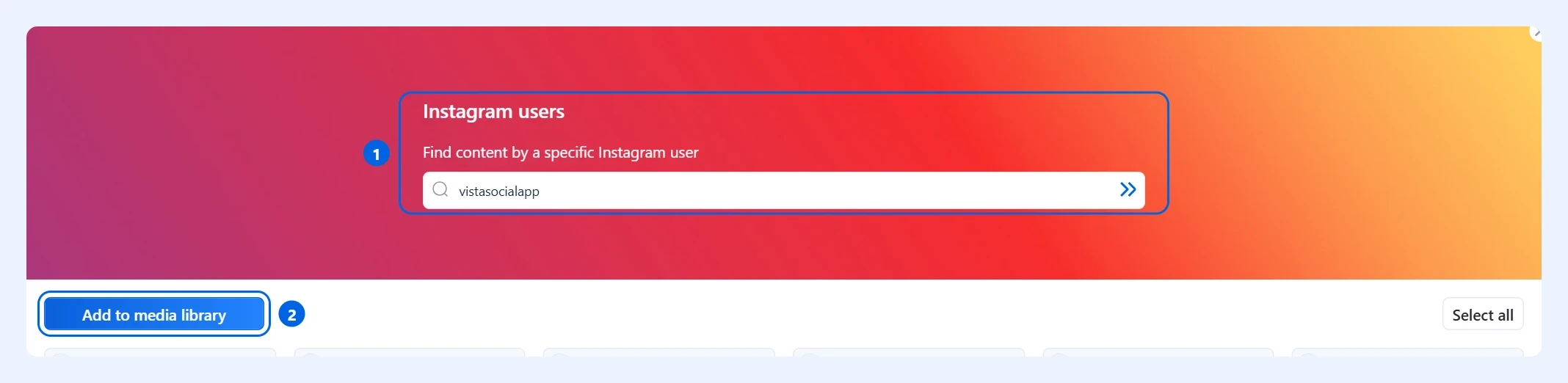 Pesquisa de usuários do Instagram com o campo de nome de usuário e o botão Adicionar à biblioteca de mídia destacados