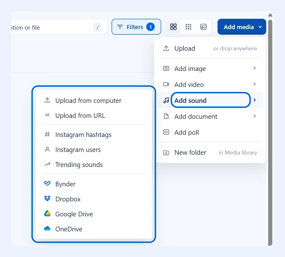 Menu Adicionar mídia com Adicionar som e suas opções destacados