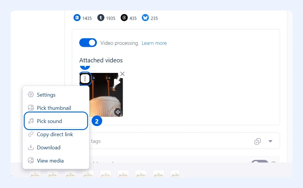 Menu da miniatura do vídeo no editor de posts com Escolher som destacado