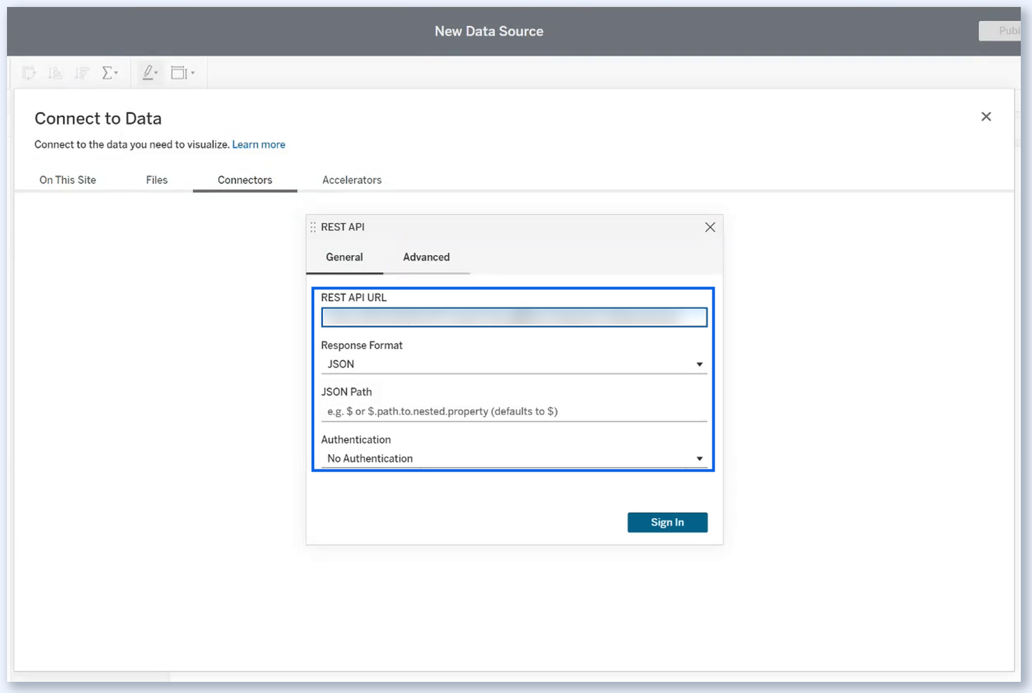 Conector REST API do Tableau, guia General com os campos REST API URL, Response Format e Authentication