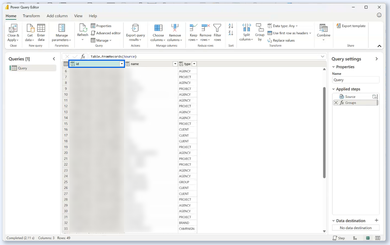Таблица Power BI со списком ID, названий и типов групп профилей
