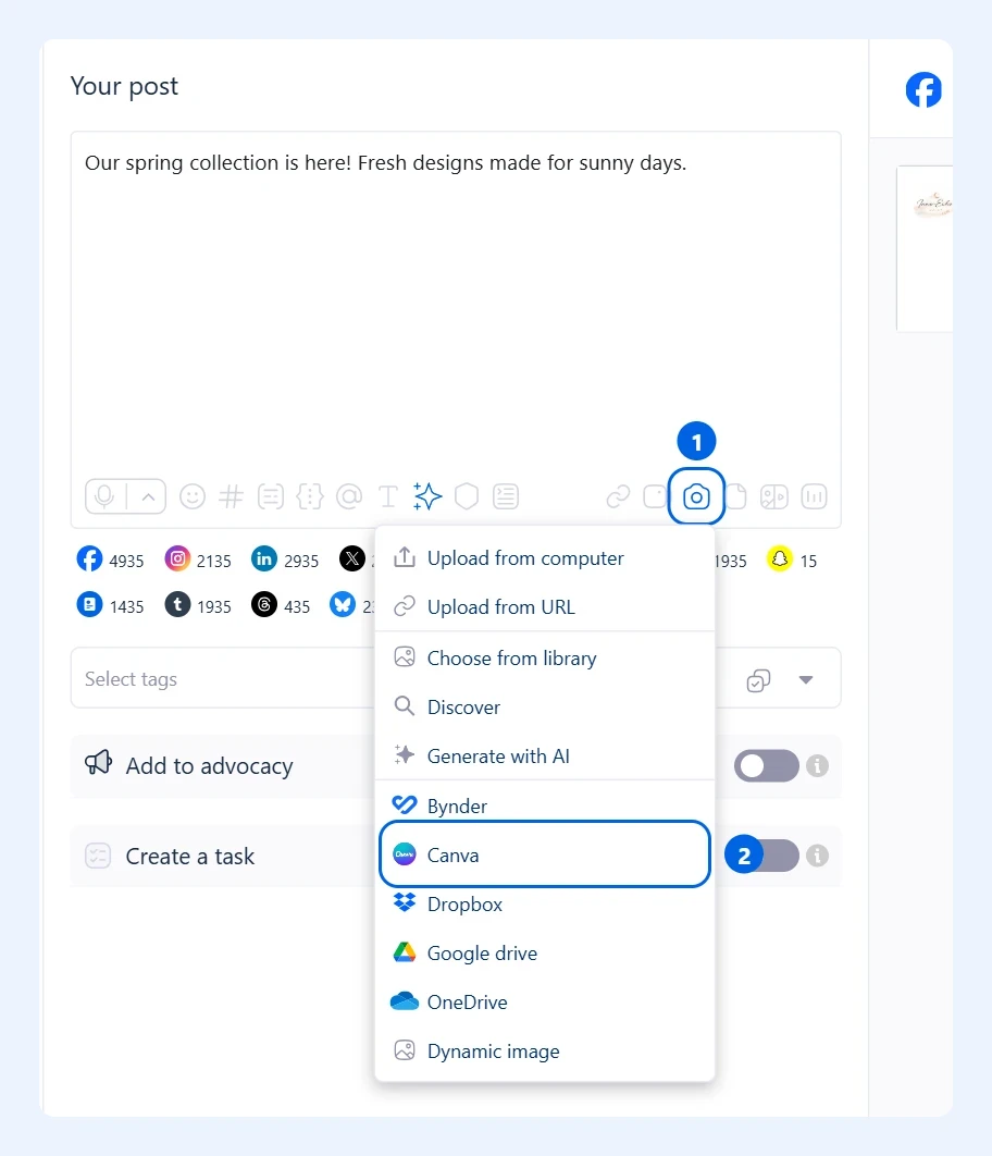 Menu de mídia do editor de posts com Canva destacado