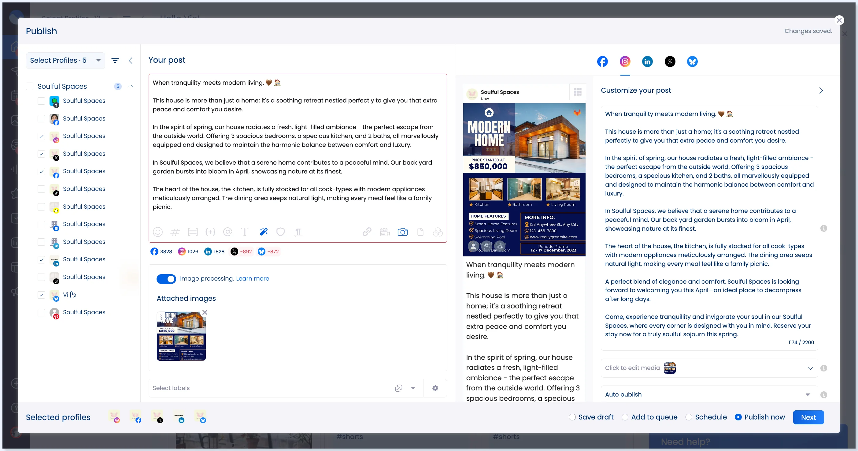 Editor de posts com o design do Canva selecionado anexado