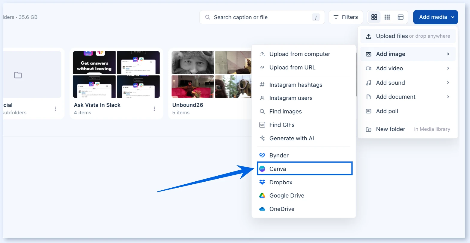 Menu Adicionar imagem na Biblioteca de mídia com Canva destacado