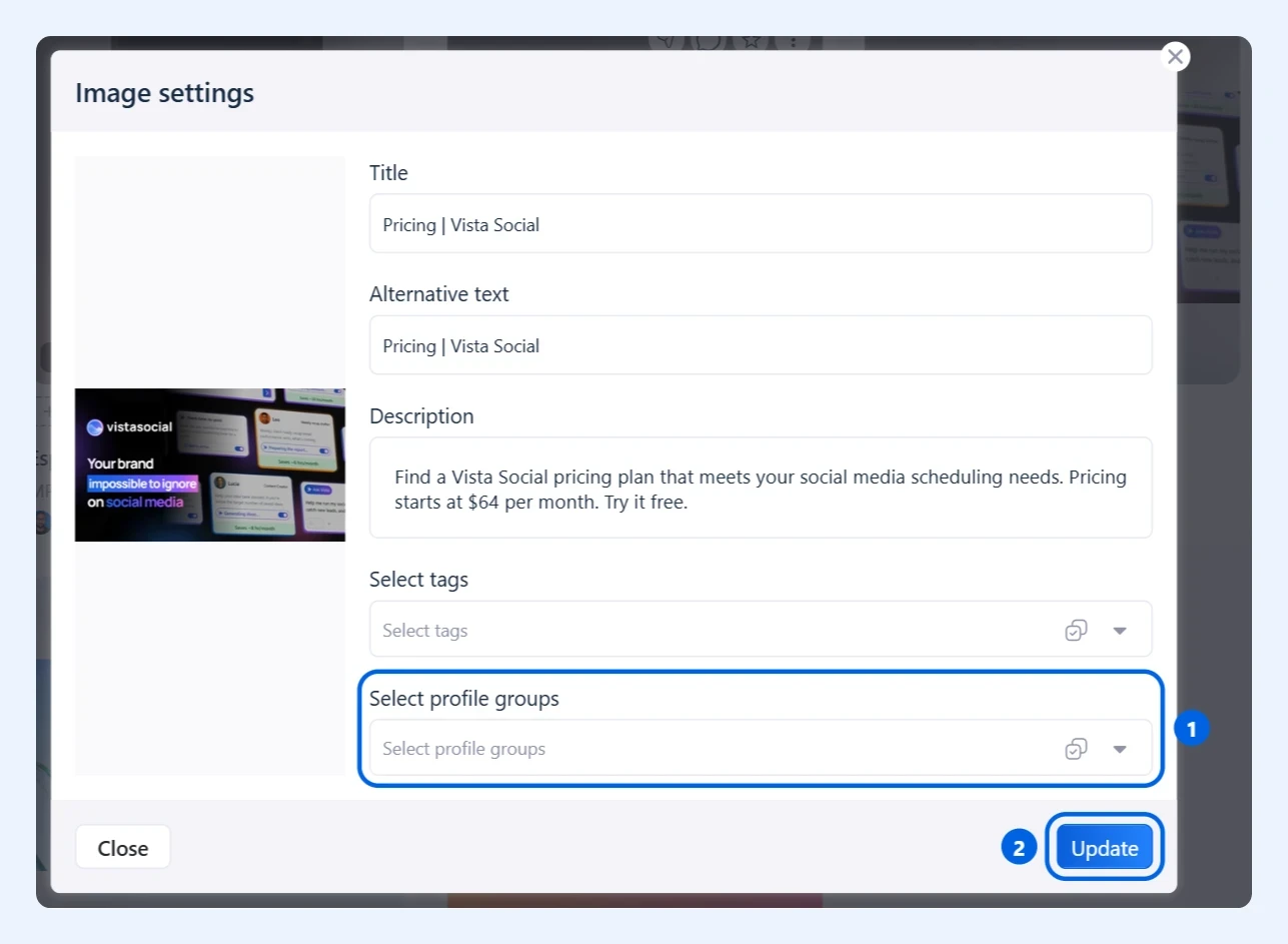 Configuración de la imagen con Select profile groups y el botón Update resaltados