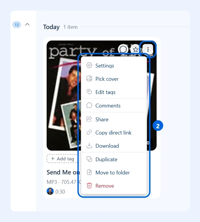 Menú de tres puntos del sonido con las opciones Settings, portada, copiar enlace, descargar y eliminar